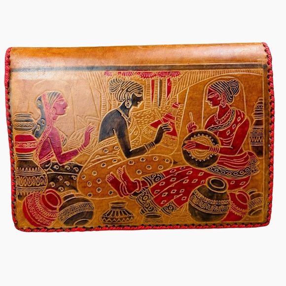 Vintage Hand-tooled Brown Leather Cluth Bag With Tribal Ladies Design - Picture 5 of 11